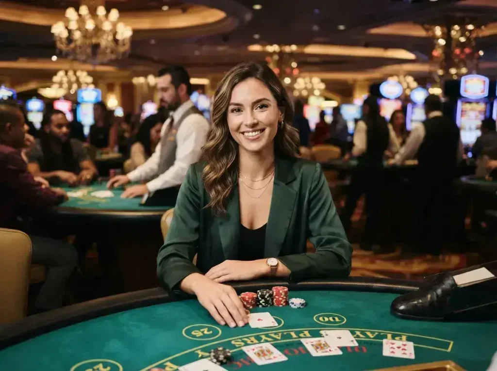 Elegant female player at a casino table looking at the camera while enjoying the Resorts World Online Casino experience.