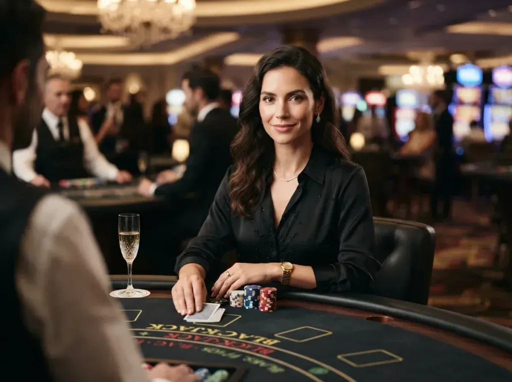 Elegant female guest enjoying a VIP table game inside a luxury casino, inspired by the excitement of resorts world online casino.