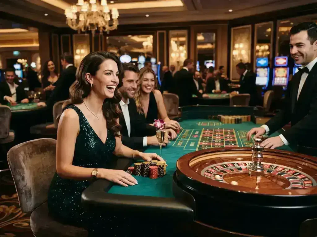 Fashionable woman enjoying a VIP table game at a luxury casino inspired by the Resorts World Online Casino experience.