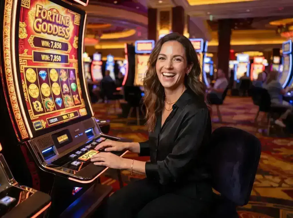 A woman enjoying a slot machine inside a luxury casino while exploring Resorts World Online Casino.