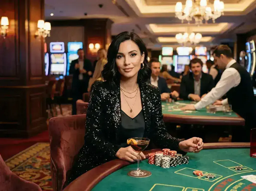 Smart789 casino login featured with a chic female player smiling and facing the camera while enjoying a luxurious casino gaming experience.