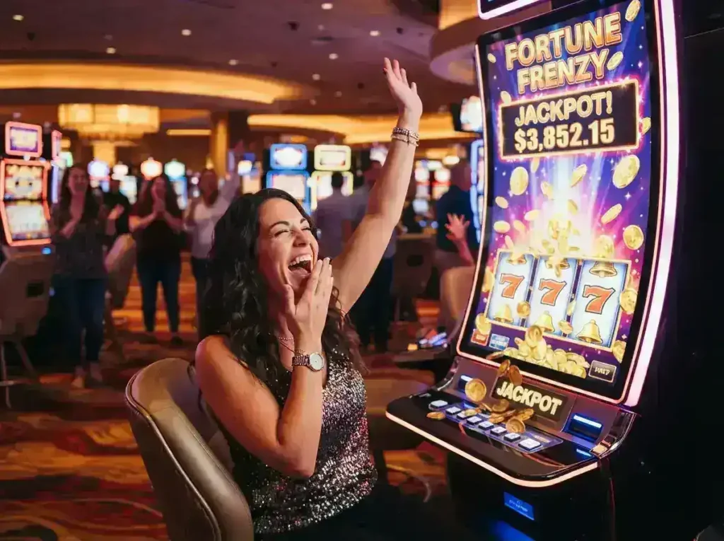 Confident female player enjoying a jackpot slot machine inside a luxury casino while exploring smart789 casino login for more gaming options.