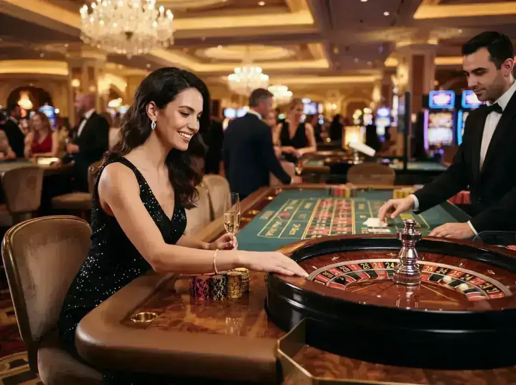 Woman enjoying roulette at a luxury casino table, inspired by the Smart789 Casino Login gaming experience.