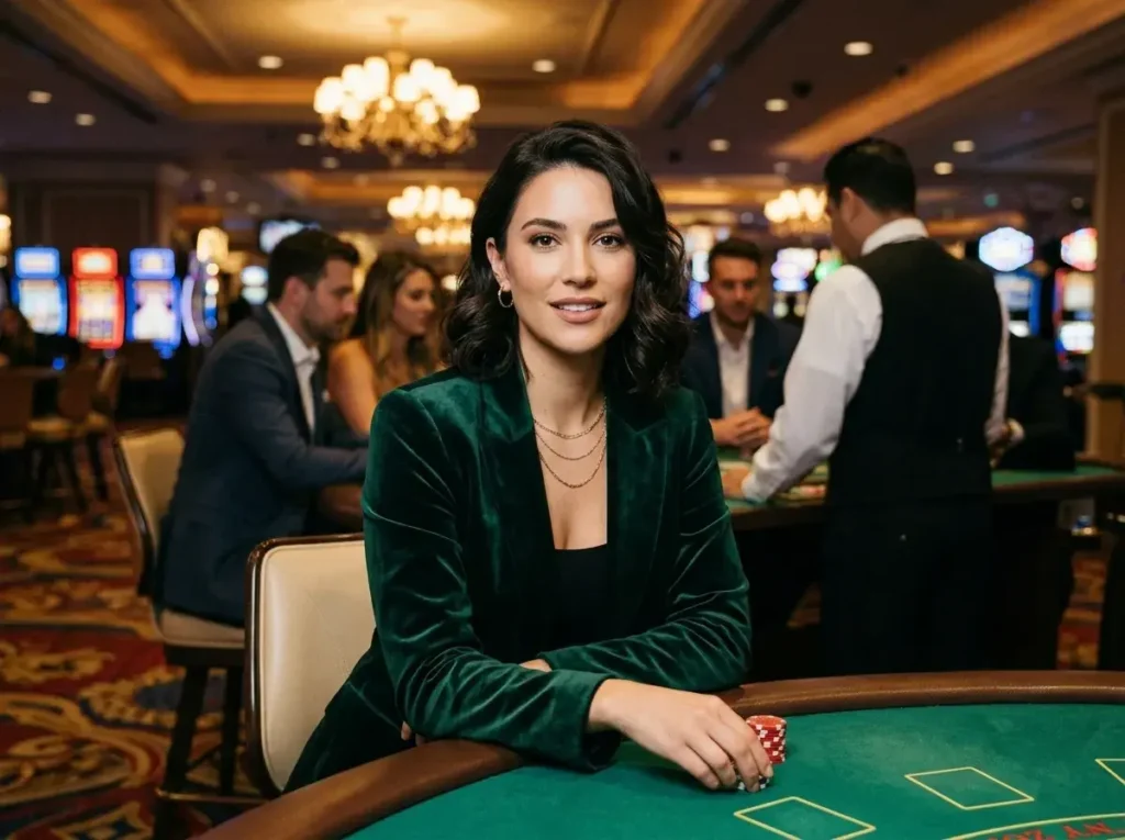 A stylish woman facing the camera while enjoying the elegant gaming floor at Sugar Play Casino.