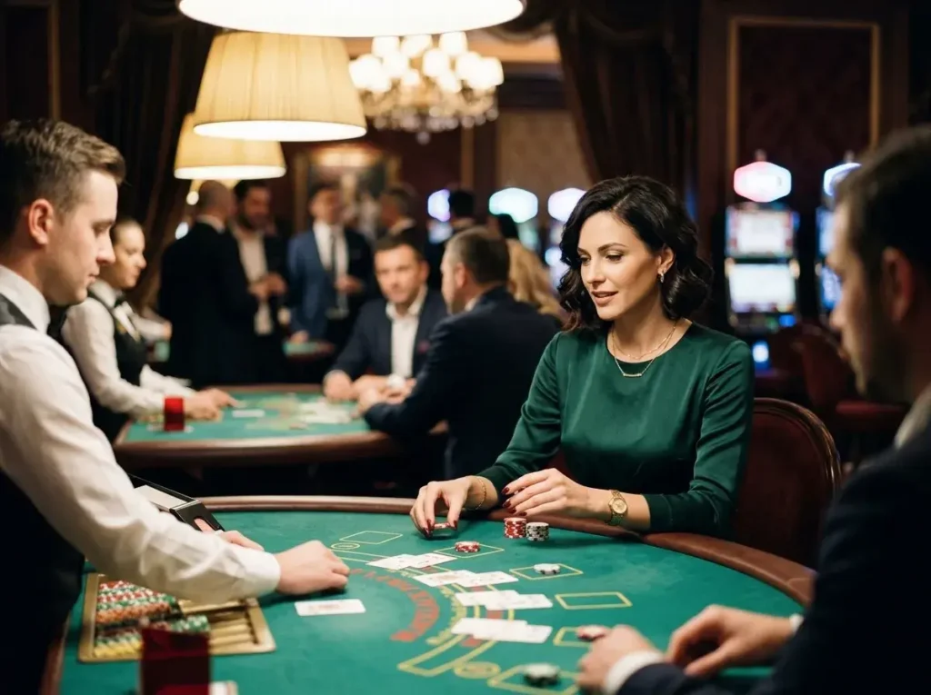 Elegant female guest enjoying casino games at a luxurious gaming table, inspired by the excitement of Sugar Play Casino.