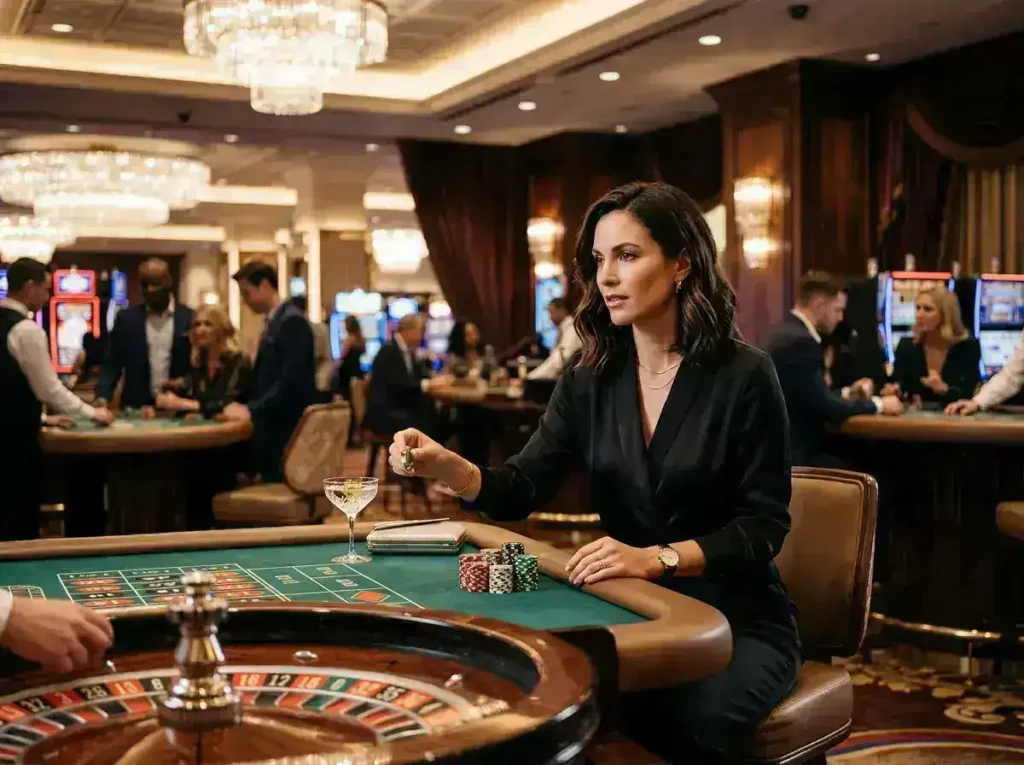 A female player enjoying a table game inside a luxury casino while exploring Sugar Play Casino.