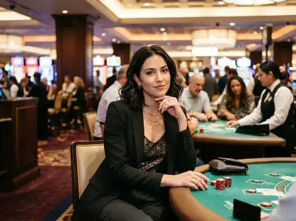 A stylish woman smiling toward the camera while enjoying the casino floor, inspired by the excitement of tmtplay best online casino.