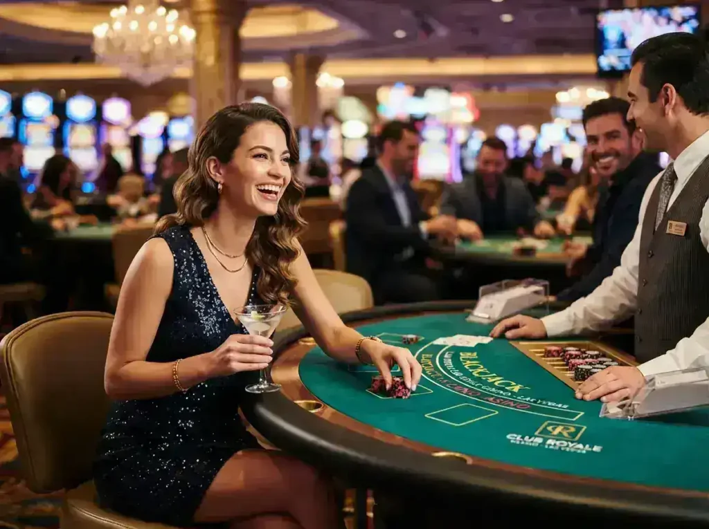 A woman enjoying an exciting casino night at a luxury gaming venue while discovering the fun of tmtplay best online casino.