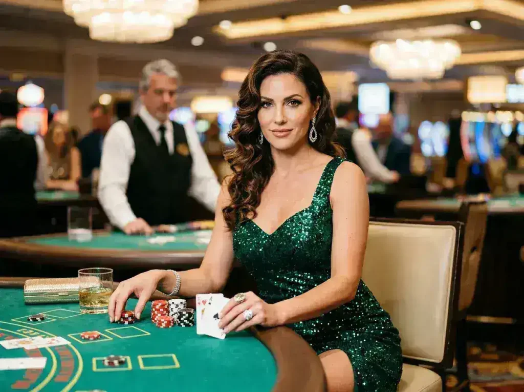 A woman enjoying a blackjack game at a luxury casino table, inspired by the excitement of tmtplay best online casino.