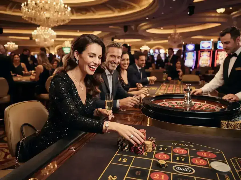 A stylish female player enjoying a roulette game at a luxury casino, inspired by the excitement of win2max casino login register.