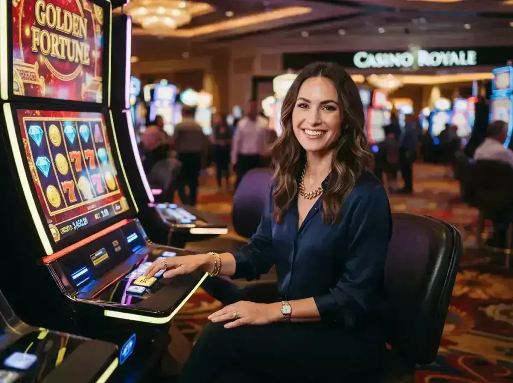 A stylish female player enjoying slot games in a modern casino inspired by the excitement of win2max casino login register.