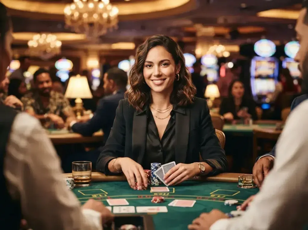 Woman facing the camera while enjoying a game inside a luxury casino, inspired by the excitement of Win2Max Casino Login Register.