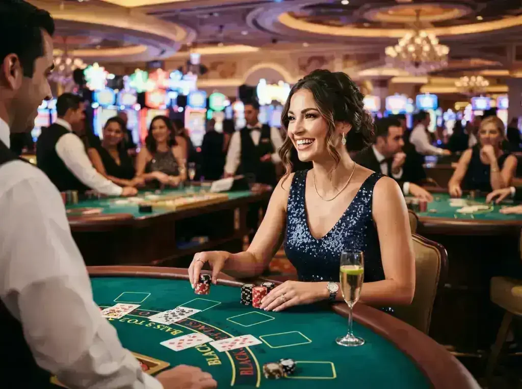 Woman enjoying casino games inside a brightly lit gaming venue with a Win2Max Casino Login Register experience in mind.